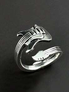 1 pieza Anillo abierto de moda y único, accesorio de anillo de guitarra de música rock vintage - Plata antigua - Ver 3