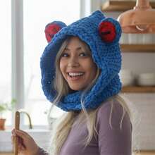 Women Hat Scarf Combo, Cute Frog Soft Warm Knit Balaclava Winter Neck Warmer Fashion Accessories - 寶藍色 - 查看 4