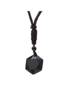 1pc Fashion Obsidian Hexagonal Pendant Necklace - Unisex Stone Chain Casual Outfits, Parties And Gifts - 吊飾+黑色繩子 - 查看 4