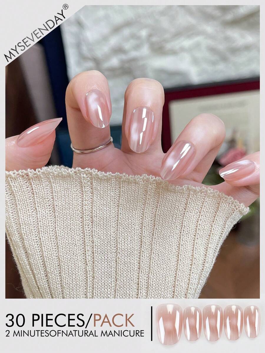 30片杏仁形/短款渐变美甲贴纸，电镀浅粉色，完美贴合的亚克力假指甲套装，包含1瓶甲油胶和1把指甲锉，适合秋冬季女性日常工作、学习和聚会。这款美甲产品也适用于派对、节日和日常使用。美甲用品 - 彩色 - 查看 1