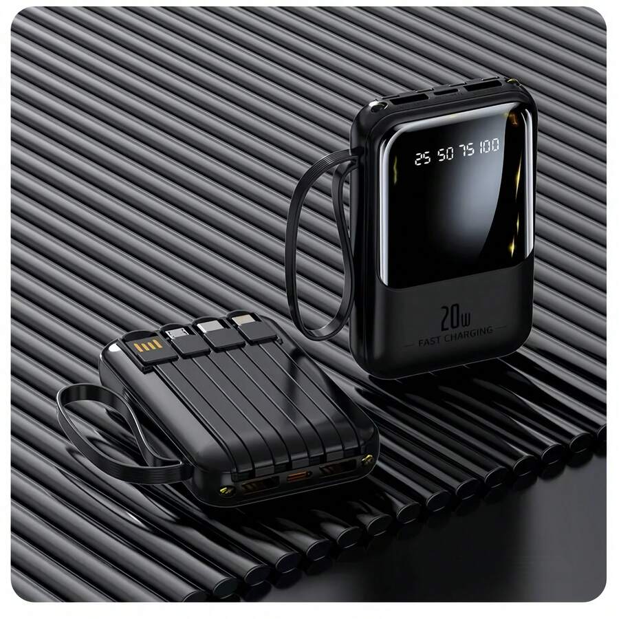 20,000mAh 5V2A Mini Portable Fast Charger, High Capacity Multifunctional Phone Charger, 4-In-1 Detachable Cable, Ultra Bright LED Lights, Essential Travel Battery, Smart Digital Display, USB-C - Black - View 1