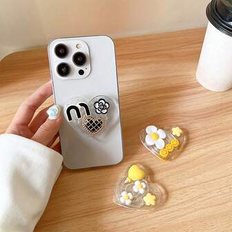 1pc DIY Cute Flower 3D Heart Camellia Transparent Glitter Heart-Shaped Phone Grip Stand, Expandable Desk Mount, Aesthetic