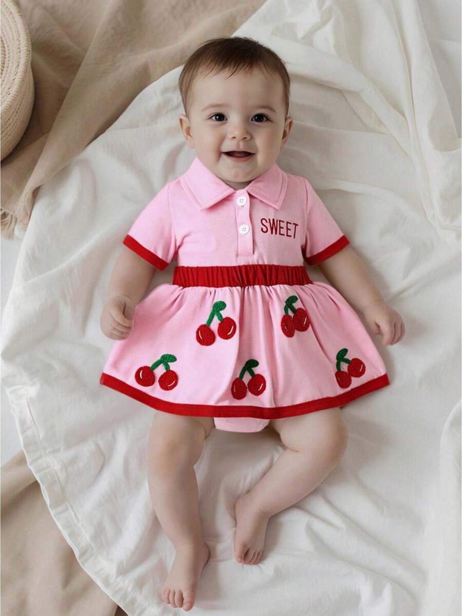 Adorable Baby Girl Fall Romper - Lapel Collar Short Sleeve Bodysuit, Bow  Cherry Embroidery Cute Outfit - Pink - View 1