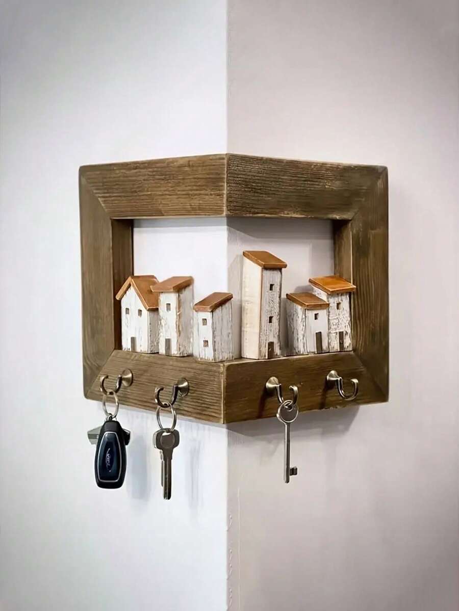 1pc Rustic Style Wall Mounted Key Holder With 4 Hooks, Wall Hanging Key Rack, Wooden Entryway Organizer With Hooks, Suitable For Bedroom, Home Wall Display, Art Wall Storage, Arts And Crafts Wall Shelf, Key Hooks