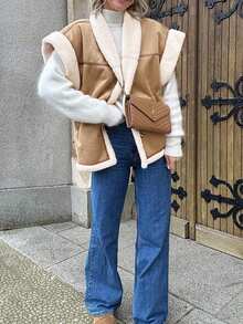 Womens Oversized Suede Faux Fur Shearling Vest Button Down Cap Sleeve Winter Warm Streetwear Coat - 卡其色 - 查看 4