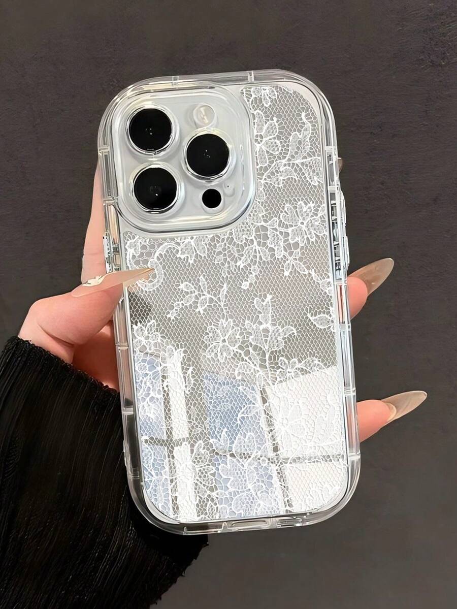 1 pieza Funda de teléfono de encaje blanco elegante y romántico con patrón de encaje transparente y espejo, funda de teléfono suave y a prueba de golpes compatible con iPhone 11/12/13/14/15/16/17 Pro Max, regalo de boda y primavera - Multicolor - Ver 1