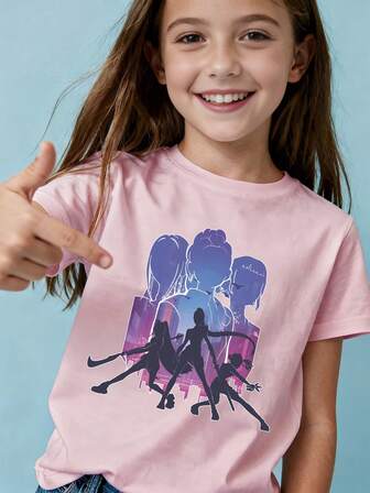Dancing Girls Silhouettes Suitable For Toddlers And Kids 100% Cotton Fabric Holiday Or Casual Fashion Campus Sports Leisure T-Shirt Machine Washable Girls Clothing