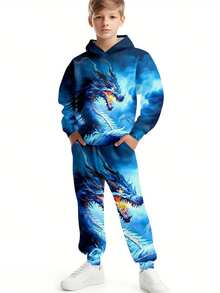 Boys' 3D Dragon Print Hoodie & Joggers Set - Casual, Comfy Polyester Outfit For Spring/Fall, Perfect For Outdoor - Phong cách - Xem 3