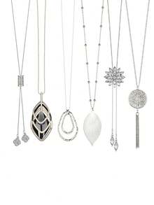 女士长款吊坠项链，长款毛衣项链，银色花朵流苏圆盘叶子造型毛衣链项链套装，时尚配饰 - 銀色 - 查看 3