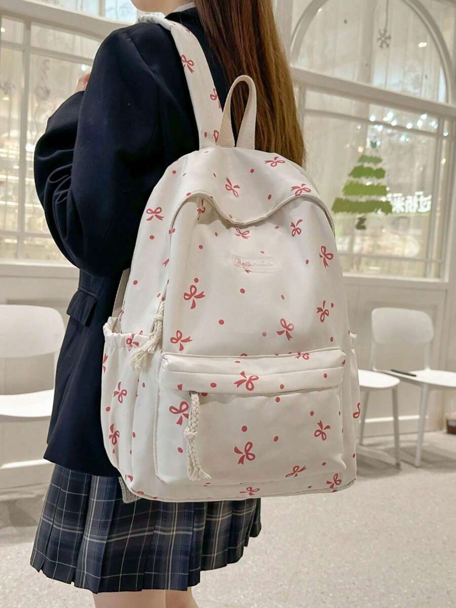 Printed Bow Contrast Color Girls' Backpack, Student School Bag, Double Layer - White - View 1