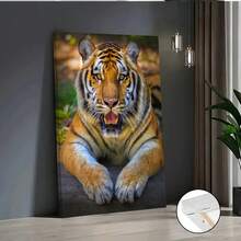 1 PC Brown-Gold Tiger Roar Canvas Wall Art, Retro Tiger Poster Painting, Printed Wall Decoration, Modern Forest Wildlife Wall Decoration, Very Suitable For Living Room, Bedroom, Bathroom Home Decoration, Room Decoration, Etc., Wooden Frame Art, Ready To Hang. - Multicolor - View 3