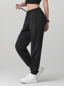 Women's Loose Fit Running Sports Pants, Lightweight, Sun-Protective, Straight Leg, Breathable Casual Long Trousers - Black - View 2