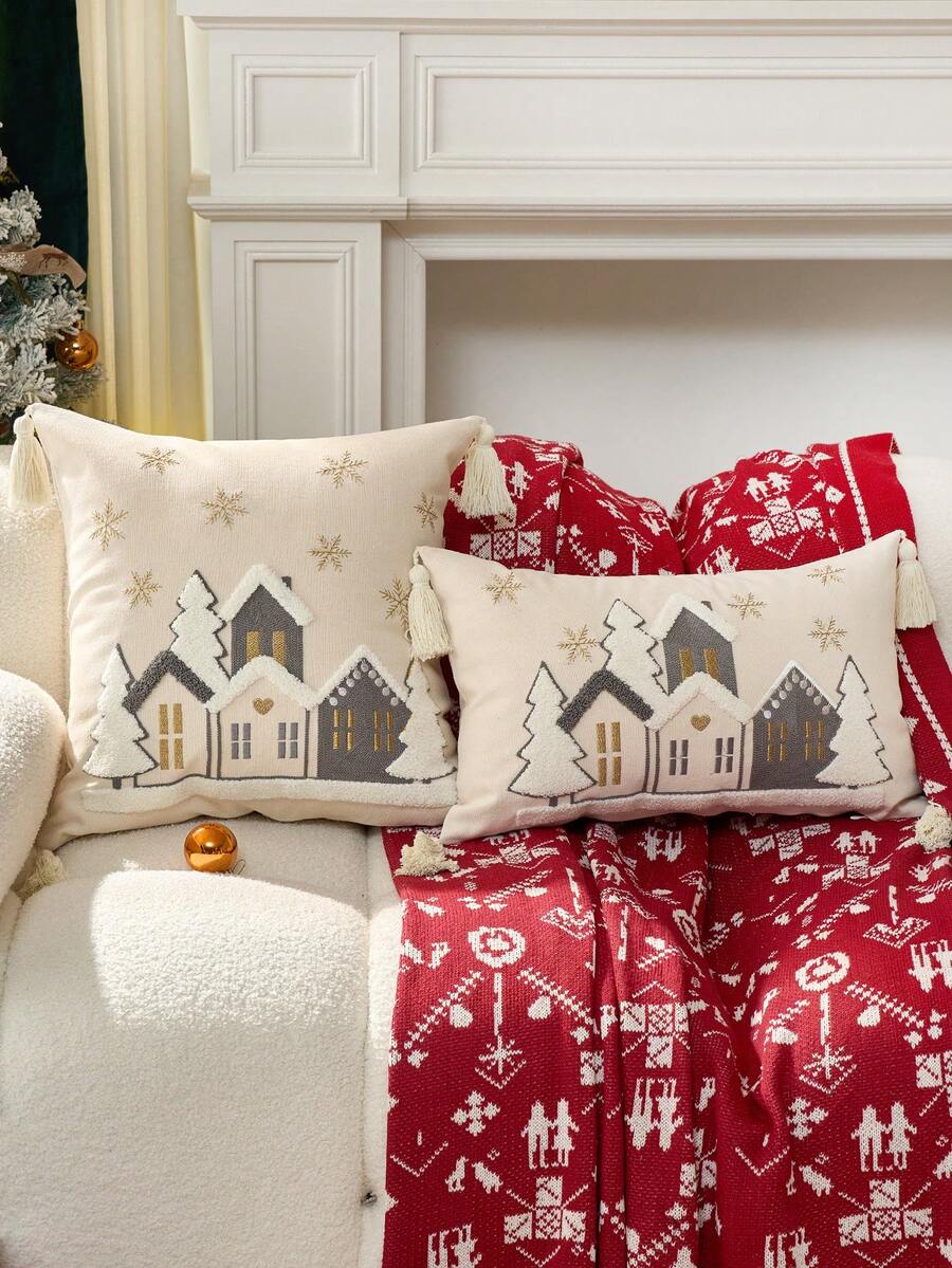 1 pieza Funda de almohada bordada de Navidad, de fibra de poliéster moderna sin relleno, adecuada para material de lienzo para decoración de Año Nuevo y Navidad en salas de estar y jardines al aire libre, decoración navideña, regalos de Navidad (SIN INSERTO), decoración de otoño, decoración de otoño, decoración de habitaciones