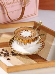 1 Set Ceramic Coffee Cup & Saucer With Gold Rim, Elegant Tea Set, Suitable For Living Room, Cafe, Kitchen, Office, Cup, Ramadan, Saudi Premium Coffee Cup