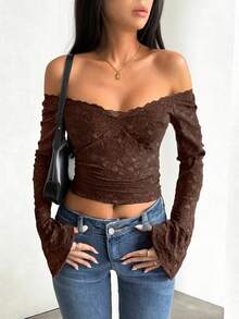 GAOVOT Women's Summer Y2K Sexy And Hot Girl See-Through One-Shoulder Long-Sleeved Lace Top Is Suitable For Valentine's Day Occasions - Dark Brown - View 4