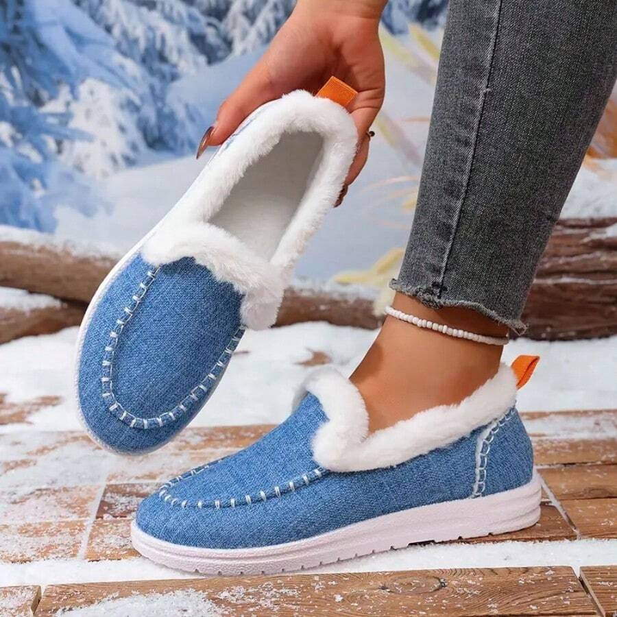 Plush Lined Women's Comfortable Winter Slip-On Loafers, With Faux Fur Trim - Warm Denim Blue Casual Shoes, EVA Sole, Round Toe Design, Casual Winter Style Plush Lining - 淺藍色 - 查看 1