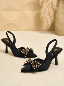 SVRM Pantofi cu toc ascuțit, din satin, cu fundă și baretă la spate, pentru femei, eleganți pentru evenimente sociale, petreceri, birou și naveta - Negru - Vizualizare 3