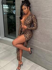 Vestido casual y sexy de mujer con cuello en V profundo, estampado de leopardo y abertura alta - Multicolor - Ver 7