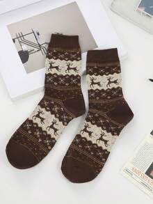 5 Pairs Of Cozy Reindeer Print Mid-Calf Socks - Warm, Thick Christmas Socks For Women, Festive Animal Design In Red, Beige, Brown, And Navy Blue, Perfect For Holiday Celebrations, Christmas Socks,Christmas Surprise Gifts,Valentine's Day Gifts, New Year's Gifts - Multicolor - View 17