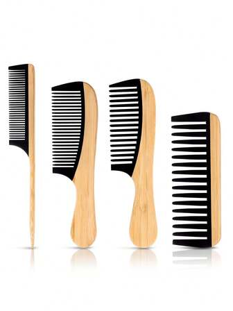 4件/2件天然手工竹制发梳套装 - 宽齿、细齿和尖尾木梳，男女通用，适用于卷发/湿发/浓密头发，配有胶木梳齿，防静电，适用于各种发型和胡须，女士礼品，美发造型套装，发饰