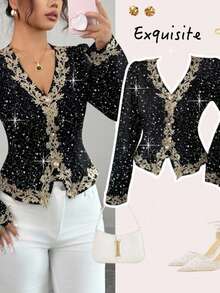 Shiny Sequin V-Neck Button Front Shirt, Versatile & Stylish, Suitable For Dates At Night In Autumn/Winter - Black - View 1