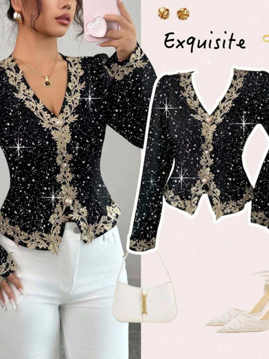 Shiny Sequin V-Neck Button Front Shirt, Versatile & Stylish, Suitable For Dates At Night In Autumn/Winter - Black - View 1