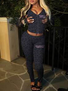 LovelyWholesale Women'S Casual Hooded Drawstring Leopard Print Letter Print Zipper Fall Outfits For Women Top And Slim-Fit Leggings Two Pieces Set Autumn Clothing For Women