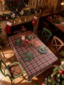1pc Vintage American Country Style Green Plaid Woven Tablecloth With Tassel Design, Thick And Durable, Suitable For Kitchen, Daily Use, Holidays, Family Gatherings, Christmas Parties, Weddings, Dining Table Decor - Coffee Brown - View 3