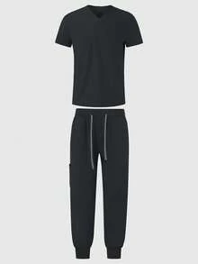 Men's Short Sleeve Top And Pants Set, Nurse/Doctor/Veterinary Uniform - Black - View 2