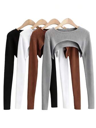 1pc Sweet & Spicy Style Long Sleeve Cropped Solid Color Versatile Dolman Sleeve
