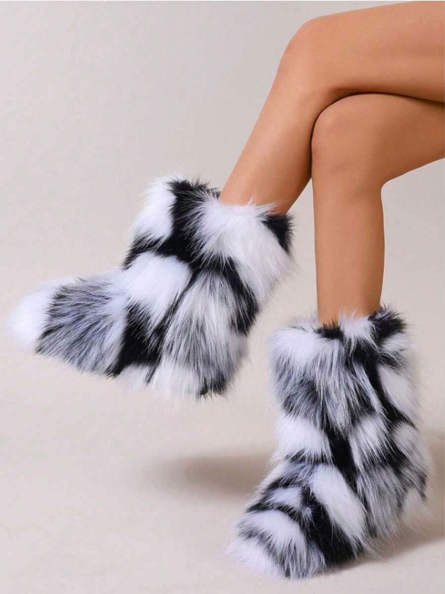 New Rainbow Fur Ankle Boots For Women 2025 Autumn/Winter New Sweet Cool Style Colorful Tie-Dye Faux Fur Warm Fashion Boots Women's Ankle Boots. Furry Boots. Winter BootsSuitable For Extremely Cold Weather. The First Choice For Skiing, Traveling, And Gatherings. - Đen và trắng - Xem 1