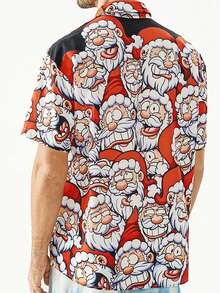 Christmas Santa Claus Cartoon 3D Digital Print Men's Button Pocket Short Sleeve Shirt - Red - View 3