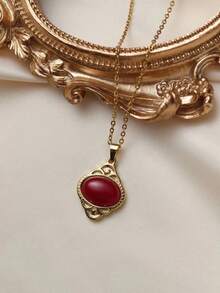 1 件复古欧洲宫廷风格奢华 18K 镀金不锈钢椭圆形吊坠项链，镶嵌深红色宝石，防过敏，适合日常佩戴、派对、礼物