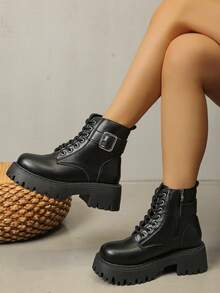 Botas de tobillo con cierre de tiras cruzadas para mujer, Botas clásicas de media pantorrilla de unicolor para mujer, Estilo retro de carga, Botas de suela suave, gruesa y cómoda con punta cuadrada