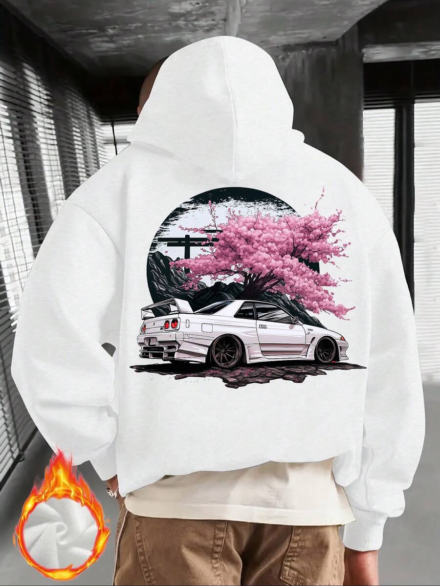 CHICLY19 Japanese Cherry Blossom & JDM Car Graphic Hoodie, Unisex Casual Oversized Pullover Hooded Sweatshirt, Retro Racing Car & Torii Gate Print Top, Cozy Fleece Lined, Perfect For Car Enthusiasts, Streetwear Fans, Casual Outings & Lounging, Ideal Gift For JDM Lovers, Car Guys & Japanese Culture Fans, Breathable Soft Fabric, White, Plus Size Available - 白色 - 查看 1
