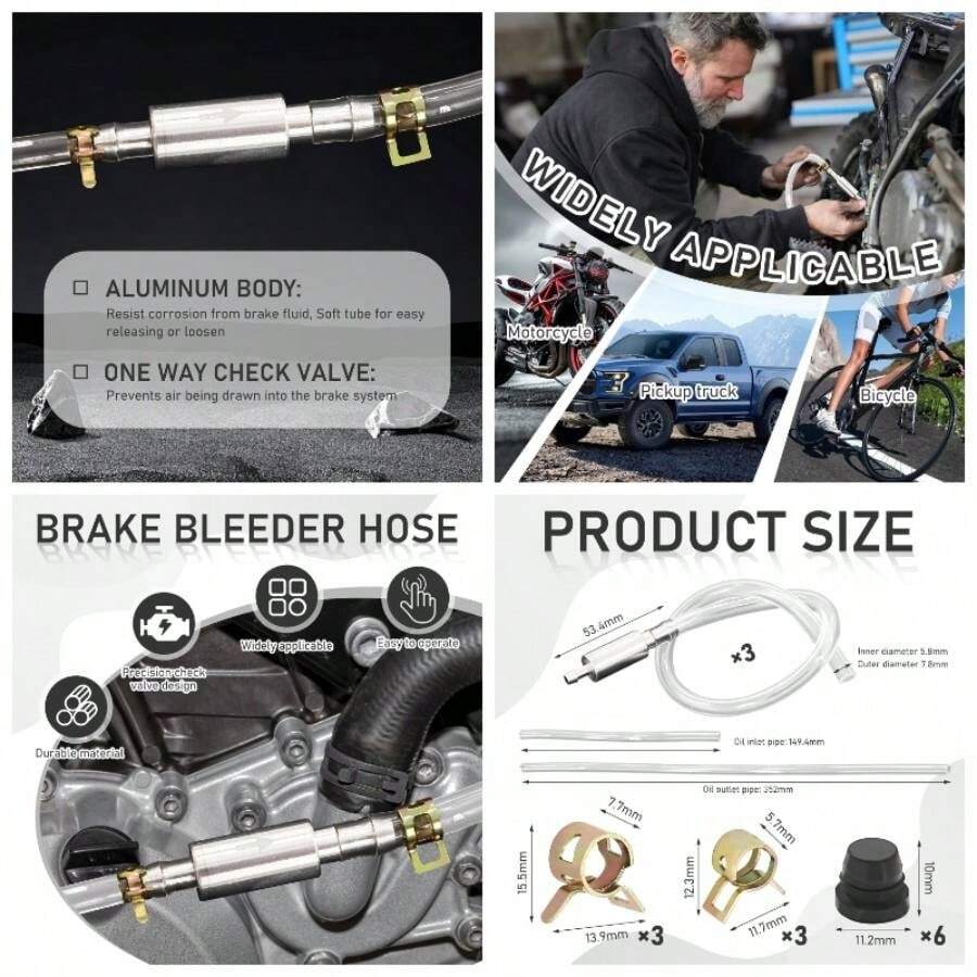 Brake Bleeder Hose, One Way Check Tube Bleeding Kit Car Motorcyle Clutch, Brake Bleeder Check Hydraulic System Bleeding With 2 Screw Caps And 2 Spring Clamps 3 Set - initial - View 1