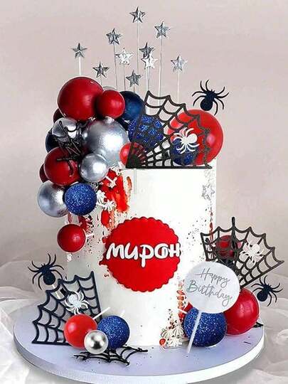 37 pezzi Decorazioni per torta a tema ragno, palline di schiuma rosse e blu, buon compleanno in acrilico, decorazioni a forma di stella, decorazioni a ragnatela, adatte per decorare torte di compleanno da uomo, decorazioni per torte a tema. (Non toccare direttamente la torta; utilizzare un bastoncino bianco o trasparente o uno stuzzicadenti di bambù.)