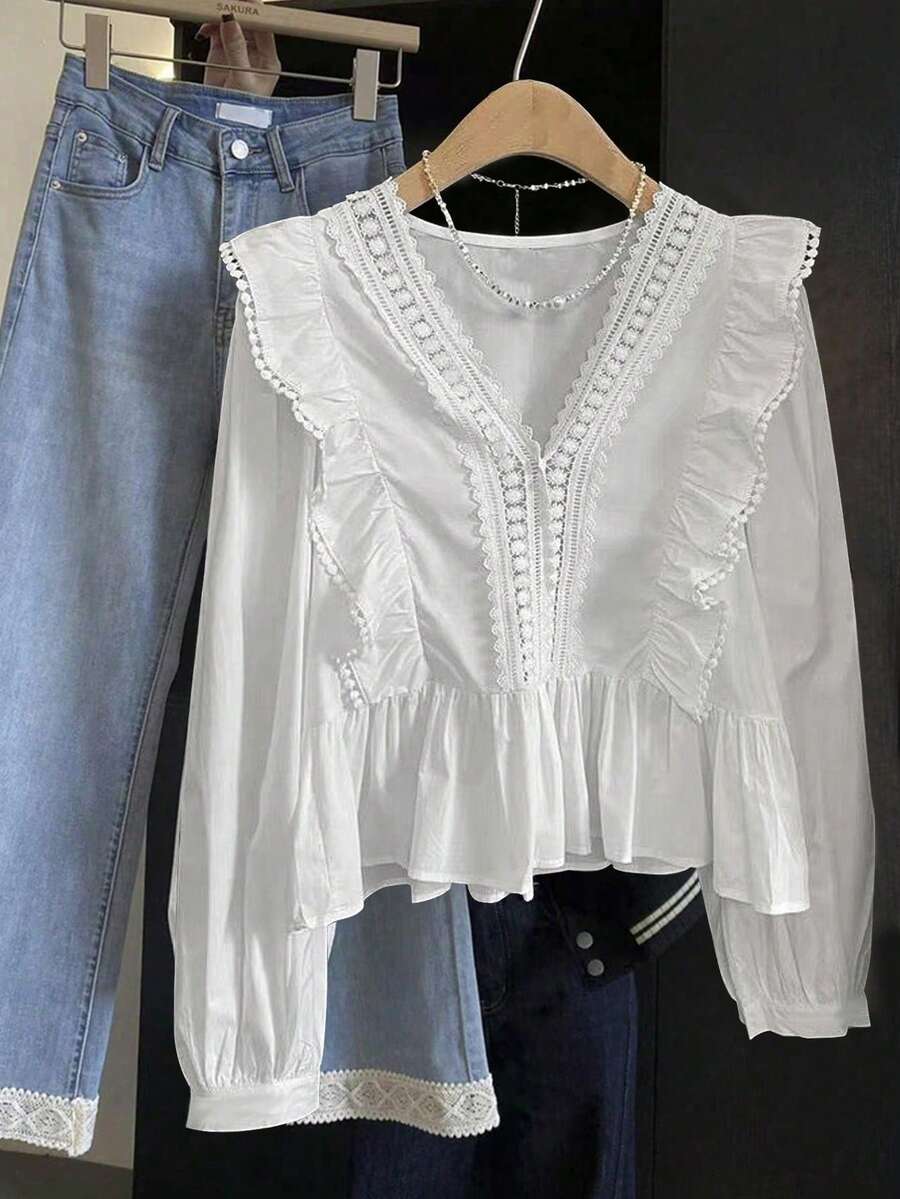 ii 女式休闲优雅泡泡袖荷叶边衬衫