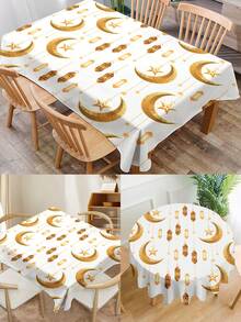 1件斋月系列印花桌布，金色星月图案，现代涤纶材质，长方形/圆形防水，数码印花，适用于客厅、户外用餐、小型圆桌。 - 彩色 - 查看 2