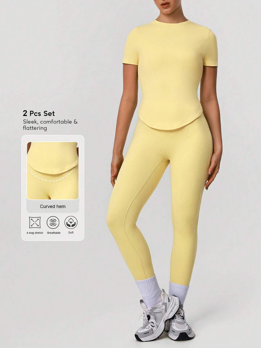 Sodalemon Women Sport Sets Solid Color T-Shirt No Front Seam Classic Design Yoga Leggings Outdoor Run Training Fitness Set - Yellow - View 1