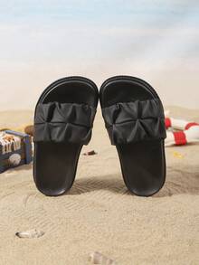 Pantuflas de moda para niños, nuevas sandalias planas de verano con suela gruesa, diseño plisado, puntera redonda, estilosas y cómodas - Negro - Ver 7