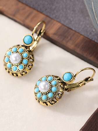 1 Pair Vintage Flower Shape, With Blue Synthetic Turquoise Earrings, Women's Earrings, Antique Design, Suitable For Daily Holiday Gifts