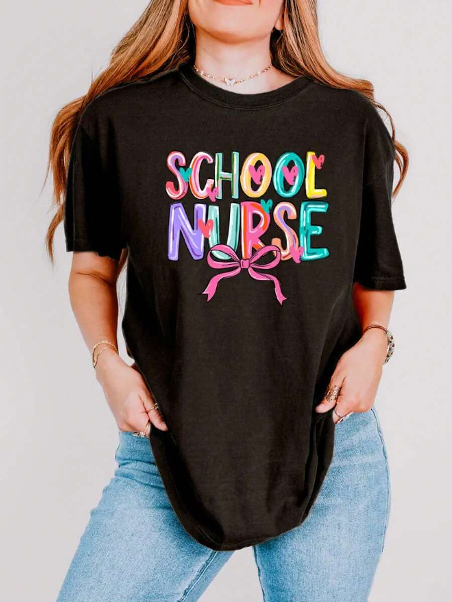 Womens Summer Tops School Nurse Shirt, School Nurse Gift For School Nurse, School Nurse TShirt, Back To School Nurse Tee, Cute Retro School Nurse T-Shirts Oversized Graphic Tees For Women,Casual Round Neck Short Sleeve T-Shirt Fashionable Dressing - Đen 011 - Xem 1