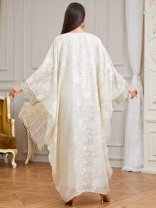 SISKAKIA Elegant Floral Print Polyester Sequin Patchwork Plus Size Dresses, Loose Fit Batwing Sleeve, Suitable For Holidays, Birthdays, Parties, All Seasons White Spring - White - View 4