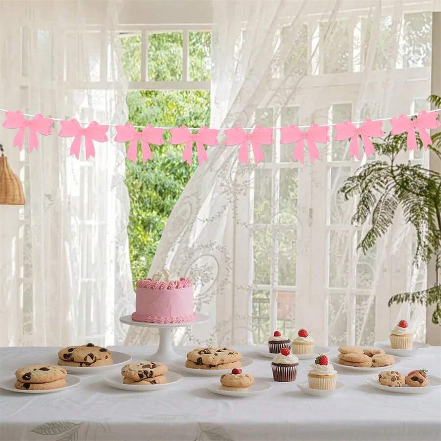 Guirnalda de banderines de fieltro con lazo, decoraciones creativas para fiestas colgantes, para cumpleaños, baby showers y bodas. - Rosa - Ver 1