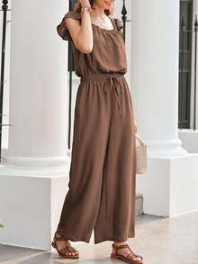 Womens Summer Loose Spaghetti Strap Short Jumpsuit Rompers - Caqui - Ver 4