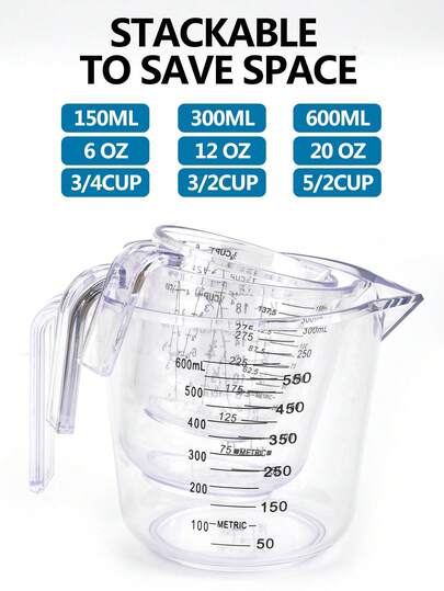 1个/3个装 150毫升/300毫升/600毫升/1000毫升 PS材质刻度量杯，咖啡量杯，加厚耐用，多种尺寸可选，可堆叠方便收纳，透明容器，烘焙工具，多功能厨房用具