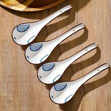 4/5件套亚洲陶瓷勺，长柄，易握，底部防滑，适用于日式拉面、中式和越南面条汤、意面等。