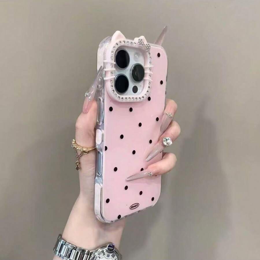 新商品 かわいい  キラキラ  猫耳 韓国  スマホケース 水玉  人気 携帯ケース 耐衝撃 落下防止 高級感  スマホケース iPhone17/17pro/17promax/16/16pro/16promax/15/15pro/15promax/14/14pro/14promax/13/13pro/13promax/12/11ケース対応  全機種 スタンド 全体保護 携帯電話ケース - ピンク - チェックする 1