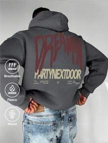 Men's Letter Print Long Sleeve Pocket Drawstring Bodysuit Sweatshirt, Casual For Autumn/Winter - Dark Grey - View 1